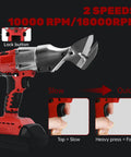 Front view of Beefy Cordless Sheet Metal Shear For Milwaukee 18V Battery with speed settings, showing red and black handle.