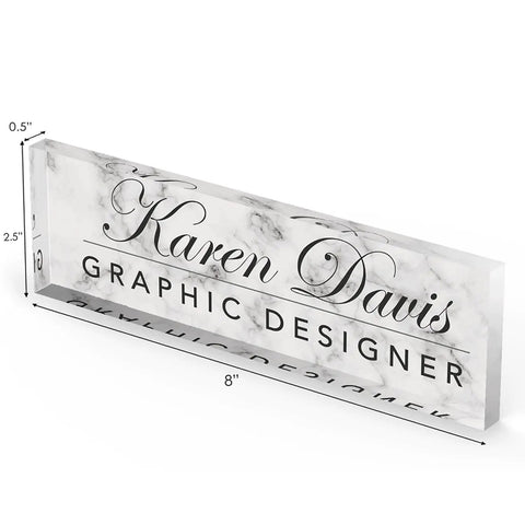 Personalized Desk Name Plate With White Marble Look On Clear Acrylic, showing name and title "Karen Davis, Graphic Designer", 8x2.5"