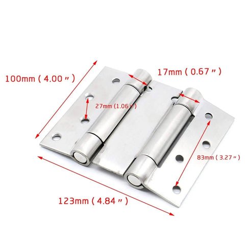 Badass Stainless Steel Double Spring Hinges 4 Inch with dimensions 123x100mm for swing doors and bar gates.