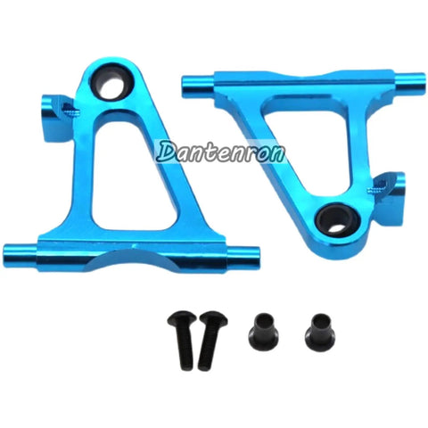 Blue CNC machined 6061-T6 aluminum front upper suspension arms for Beefed Up Aluminum TT02 Swing Arm Upgrade Kit For One Tenth Scale On Road RC Cars Front Upper And Lower Suspension Arms Rear Upper And Lower Suspension Arms Fits Tamiya TT02 Blue Or Red, shown with included screws and bushings.