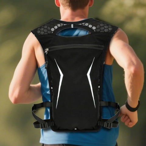 Runner wearing Lightweight Hydration Backpack For Running With Built In Water Reservoir No Bounce Fit