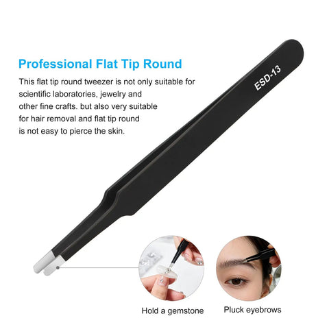 Three-Piece Precision Tweezers Set With Fine Straight Tip, Fine Curved Tip, And Flat Round Tip, Upgraded ESD Safe Anti-Static Crafting Tweezers For Electronics, Jewelry, And Detailed Work, Hand-Polished For Next-Level Accuracy. Black flat round-tip ESD-13 tweezer for gemstone and eyebrow work