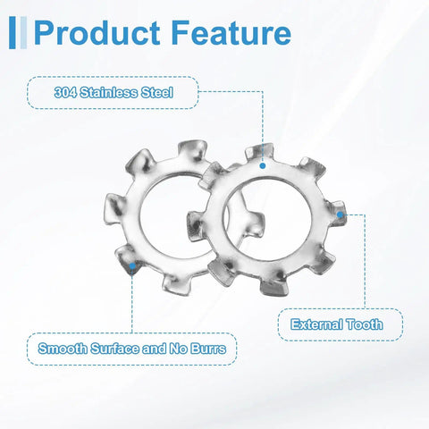 Five Sixteenth Inch External Tooth Lock Washer Set Twenty Pieces 304 Stainless Steel Multi Tooth Star Locking Washers close-up