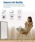 MA-40 Air Purifier Replacement Filter with Top Notch Three Stage Filtration beside woman relaxing in chair