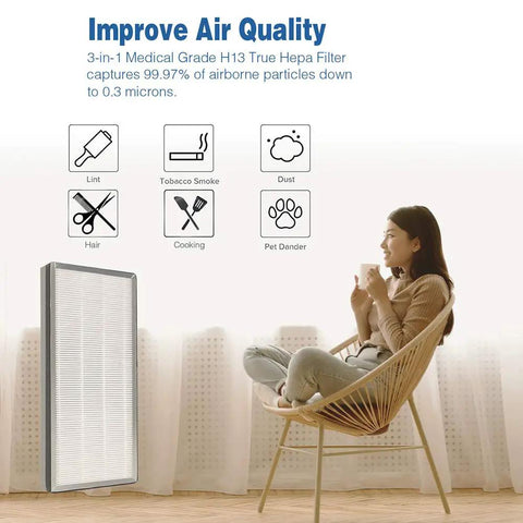 MA-40 Air Purifier Replacement Filter with Top Notch Three Stage Filtration beside woman relaxing in chair