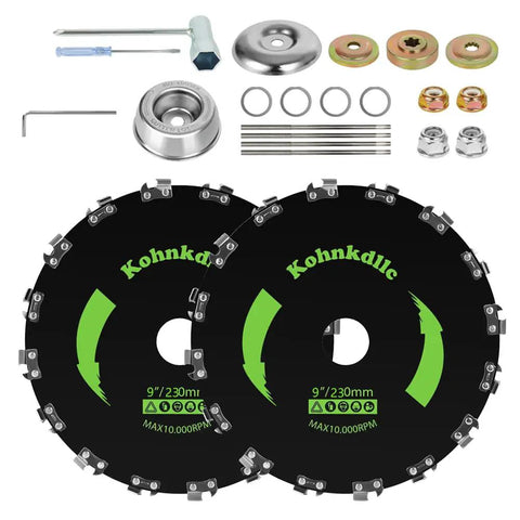 Heavy Duty 9 Inch 20T Carbon Steel Chainsaw Brush Cutter Blade Kit with files and adapters, visible blades and components.
