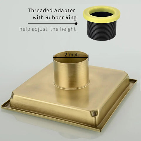 Six Inch Stainless Steel Square Shower Floor Drain With Threaded Adapter And Removable Cover Grid In Brushed Gold Finish