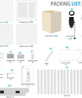 Packing list for Solid Wood Shelf Floor Lamp with 2 Charging Ports and 1 Power Outlet, includes panels, poles, and lamp components.