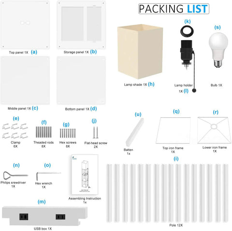 Packing list for Solid Wood Shelf Floor Lamp with 2 Charging Ports and 1 Power Outlet, includes panels, poles, and lamp components.