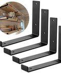 Four Pack Heavy Duty L Shape Shelf Brackets Black Industrial Corner Supports Upward Hook Design displayed on a wall.