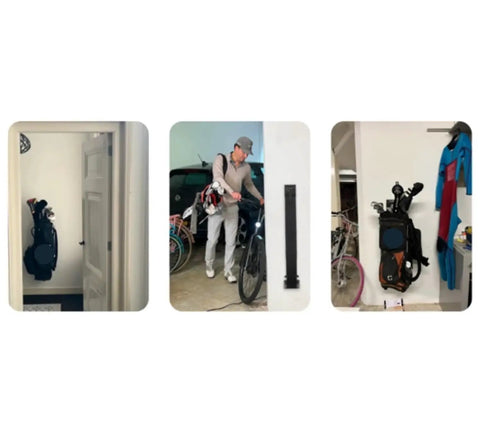 Heavy Duty Wall Mount Golf Club Organizer Rack for home and garage, storing bags with sturdy metal hooks, 50kg load capacity.