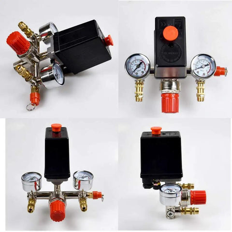 Heavy Duty Air Compressor Pressure Switch Regulator Valve 90 To 120 PSI Range With 125 PSI Max 0 To 180 PSI Gauge Auto Cutoff 220 240V 16 To 20A Vertical Switch