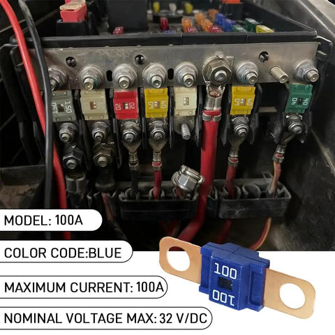 Boss Grade Bolt On Midi Fuse Kit For Your Ride Copper Heavy Duty Battery Protection For Cars Trucks And Golf Carts shows 100A midi fuses.