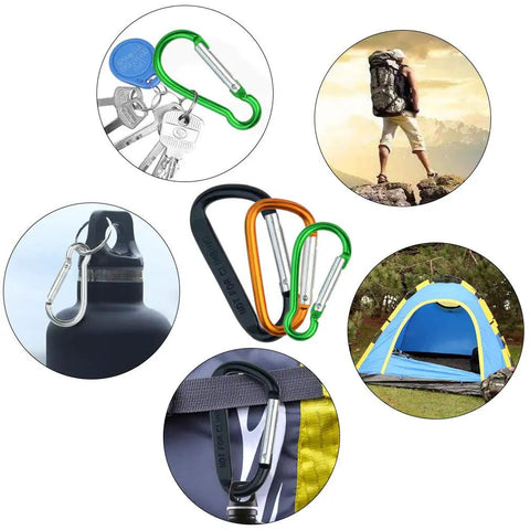 Various uses for 20 Pack Carabiner Clips With Keychains And D Ring Hooks Multi Size Set in assorted colors for outdoor use.