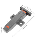 Heavy Duty Push Door Catch Kit For Cabinets And Pantry, gray adjustable latch with self-closing mechanism, dimensions shown