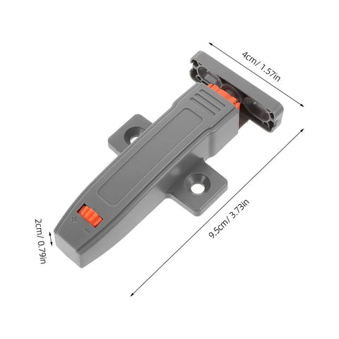 Heavy Duty Push Door Catch Kit For Cabinets And Pantry, gray adjustable latch with self-closing mechanism, dimensions shown