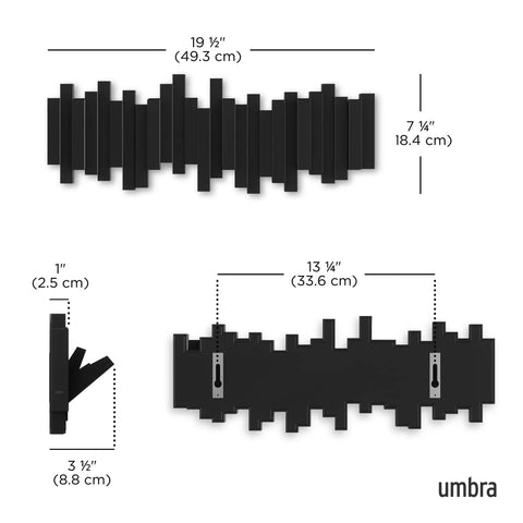 Sticks Wall Mounted Coat Rack With Five Retractable Pegs For Entryway Bedroom Or Office A Modern Space Saving Storage Organizer That Holds Hats Coats Bags And Clothes In A Slick Black Finish dimensions diagram