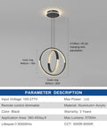 Diagram of Black 2 Ring Chandelier With Remote Control Dimmable Hanging Light Fixture LED for home with detailed parameters.