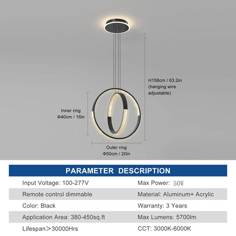 Diagram of Black 2 Ring Chandelier With Remote Control Dimmable Hanging Light Fixture LED for home with detailed parameters.