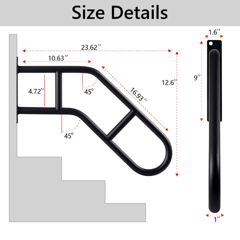 Detailed dimensions of Hella Secure U Shape Stair Handrail With Rock Solid Grip For Outdoor Steps And Porch Grab Bar.