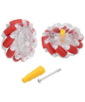 Front view of MECCANIXITY Mecanum wheels, 66mm red ABS rollers with clear hubs; 2 wheels included, yellow pin and screw
