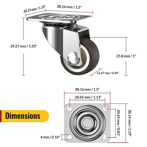 Hella Durable One Inch Furniture Casters Set Of Eight Low Profile Swivel Wheels Heavy Duty Roller Glides with dimensions diagram