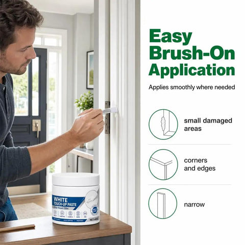 Man applying White Touch Up Paste With Brush Kicks Scratches To The Curb Fast Furniture And Wall Repair Putty on door frame.
