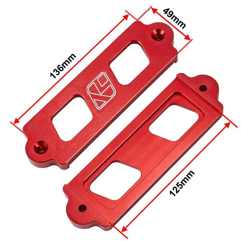 Red anodized Aluminum Battery Tie Down Kit With J Hook for Civic Integra, CAD designed aircraft-grade T6061, dimensions shown