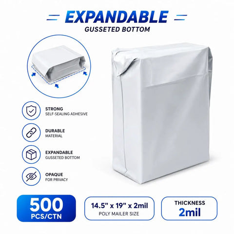Heavy Duty Poly Mailers 14.5 x 19 Inch Waterproof Self Seal Shipping Envelopes with expandable gusseted bottom and features