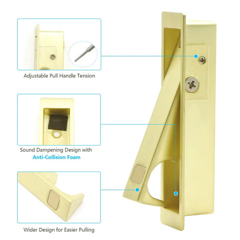 Top Notch Flush Pocket Door Handle Featuring Easy Press Pop Action, showing adjustable pull handle tension and anti-collision foam.