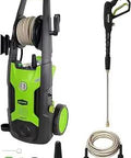Powerful 2000 PSI 13 Amp 1.2 GPM Pressure Washer With Hose Reel shown with attachments and high pressure hose