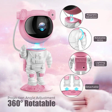 Astronaut Galaxy Projector Night Light With Timer And Remote Pink And White showcasing rotatable arms and magnetic attraction.