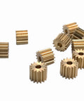 10pcs Brass Gears 15T Modulus 0.3M 1.98mm Bore 4mm Thick 5.1mm OD Metal Gear Set For Mini Cars And Aircraft Models scattered on surface