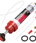 200Cc No Sweat Fluid Extractor Pump With Hella Long Flexible Silicone Hose And Twin Extension Tubes Built For Quick Engine Oil ATF Coolant Service Needs components including pump, hoses, and attachments.