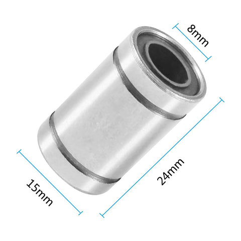 Angled view of a metallic LM8UU linear ball bearing, 8mm bore, 15mm outer diameter, 24mm length.