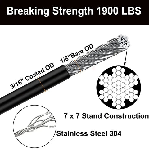 Heavy Duty 200Ft Black Vinyl Coated Wire Rope 3/16 Inch Thick Aircraft Cable showing breaking strength and construction details.