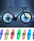 Rechargeable LED Bike Wheel Lights 2 Pack With Motion Sensor Waterproof Spoke Lights on a bicycle, showing 4 color modes and battery included