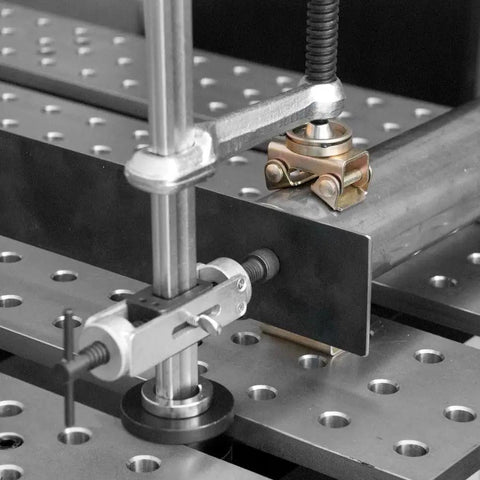 Inserta Clamps For 16mm Holes, Heavy Duty Workholding, 200mm Capacity, 100mm Throat, 181 kg Clamping Force, 20x10mm Rail, Vertical Or Horizontal Mount, Model UEN6200, on perforated worktable