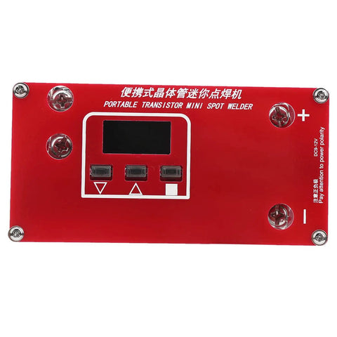 Portable Mini Spot Welder With LCD Display, Dual Power From Lithium Battery Packs Or 12V Car Supply, front view of red device