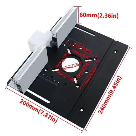 Rock Solid Router Table Lift System With Smooth One Point Eight Inch Travel Premium Aluminum Mounting Plate dimensions showing measurements.