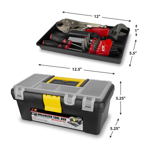 Heavy Duty Plastic Organizer Box For Workshops And Garages With Removable Tray And Lid Durable Tool Storage Solution In Black 12 Inch Perfect For Tools Hardware Parts And Gear, with ergonomic handle and built-in lid organizers