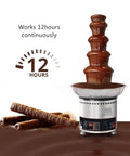 Multi Tier Chocolate Fondue Fountain With Steady Drip For House Parties And Buffets, showing smooth chocolate flowing for 12 hours.