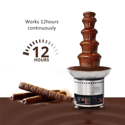 Multi Tier Chocolate Fondue Fountain With Steady Drip For House Parties And Buffets, showing smooth chocolate flowing for 12 hours.