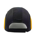 Back view of lightweight safety bump cap with ABS insert for low risk job sites, breathable baseball style head protection with reflective stripes, cotton shell, black and orange.