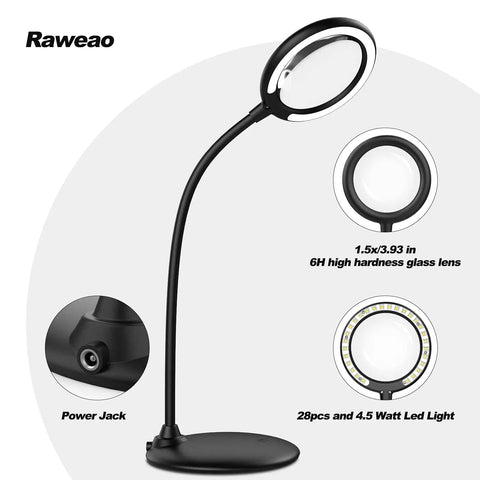 5X Rechargeable Magnifying Glass With Light And Stand showing flexible arm, sturdy base, close-up of 6H glass lens and LED details