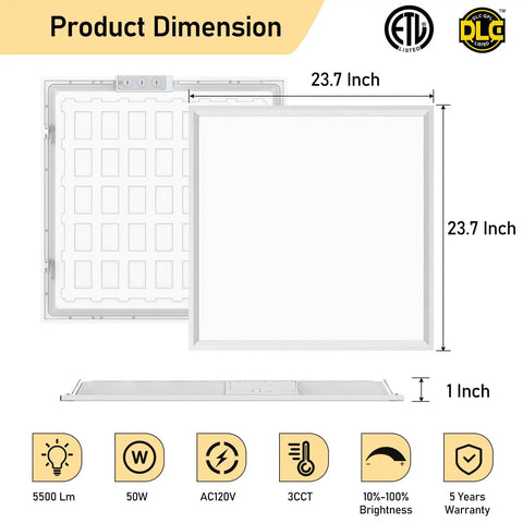 2x2ft LED Flat Panel Light 50W With 3 Color Temperature 3000K 4000K 5000K Hella Smooth Triac Dimming From 10 To 100 Percent