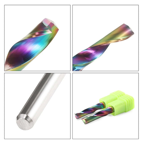 CNC router bit, single-flute end mill, 1/8 in shank, DLC-coated solid carbide for aluminum (front view)
CNC router bit, single-flute end mill, 1/8 in shank, DLC-coated colorful coating (side view)
Shank end of DLC-coated carbide end mill, cylindrical silver rod (close-up)
Two bits with lime-green protective caps (5-piece set)