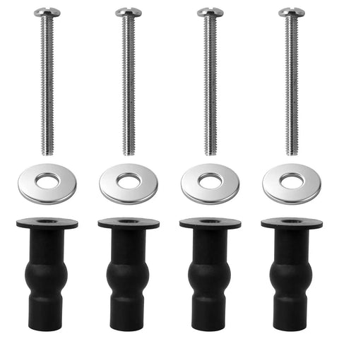 4 Pack Toilet Seat Bolts Kit With Nuts And Washers For Top Mount Hinges Fits Three Eighths Inch Mounting Holes Ten To Twelve Millimeter Durable Stainless Steel Gaskets Replacement Hardware Easy Install with visible bolts, washers, and rubber nuts.