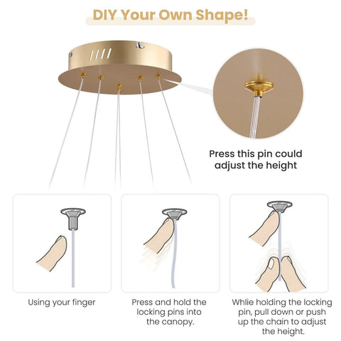 Modern Led Ring Chandelier With Gold Finish Aluminum Rings Crystal Acrylic Pendant Lights For Dining Room Living Room And Foyer adjustment instructions