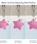Kid Safe Silicone Bathtub Overflow Drain Cover With Five Rock Solid Suction Cups showing water level adjustments in starfish shape during bath.